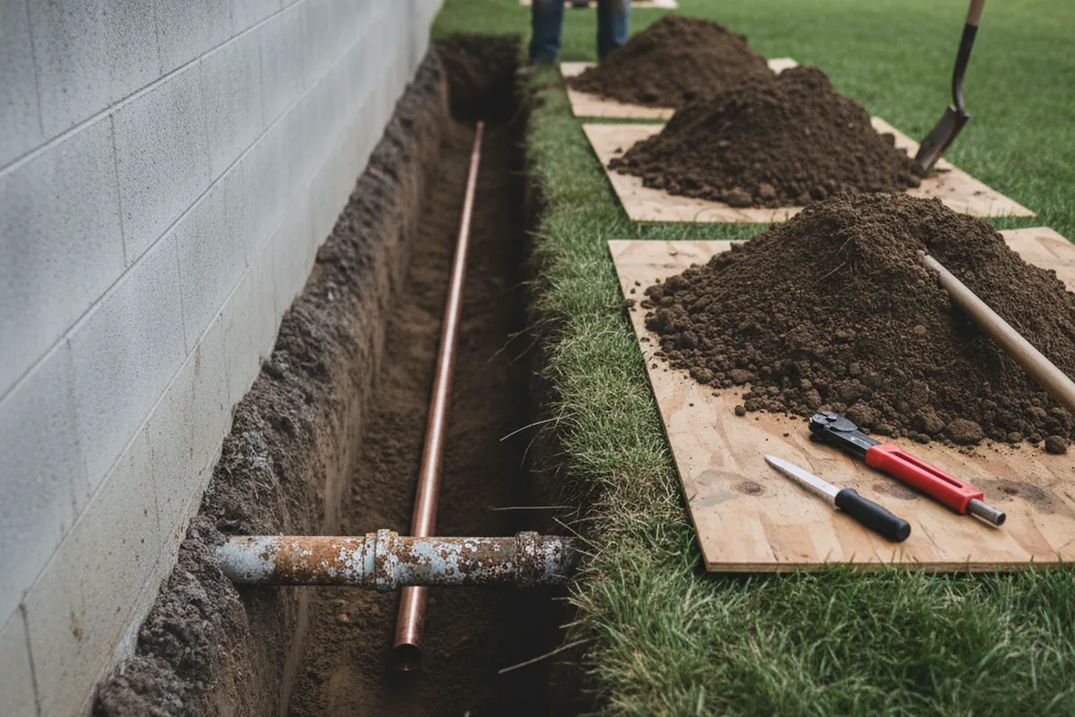 Excavated water line trench during Water Heater Repair in South Salem
